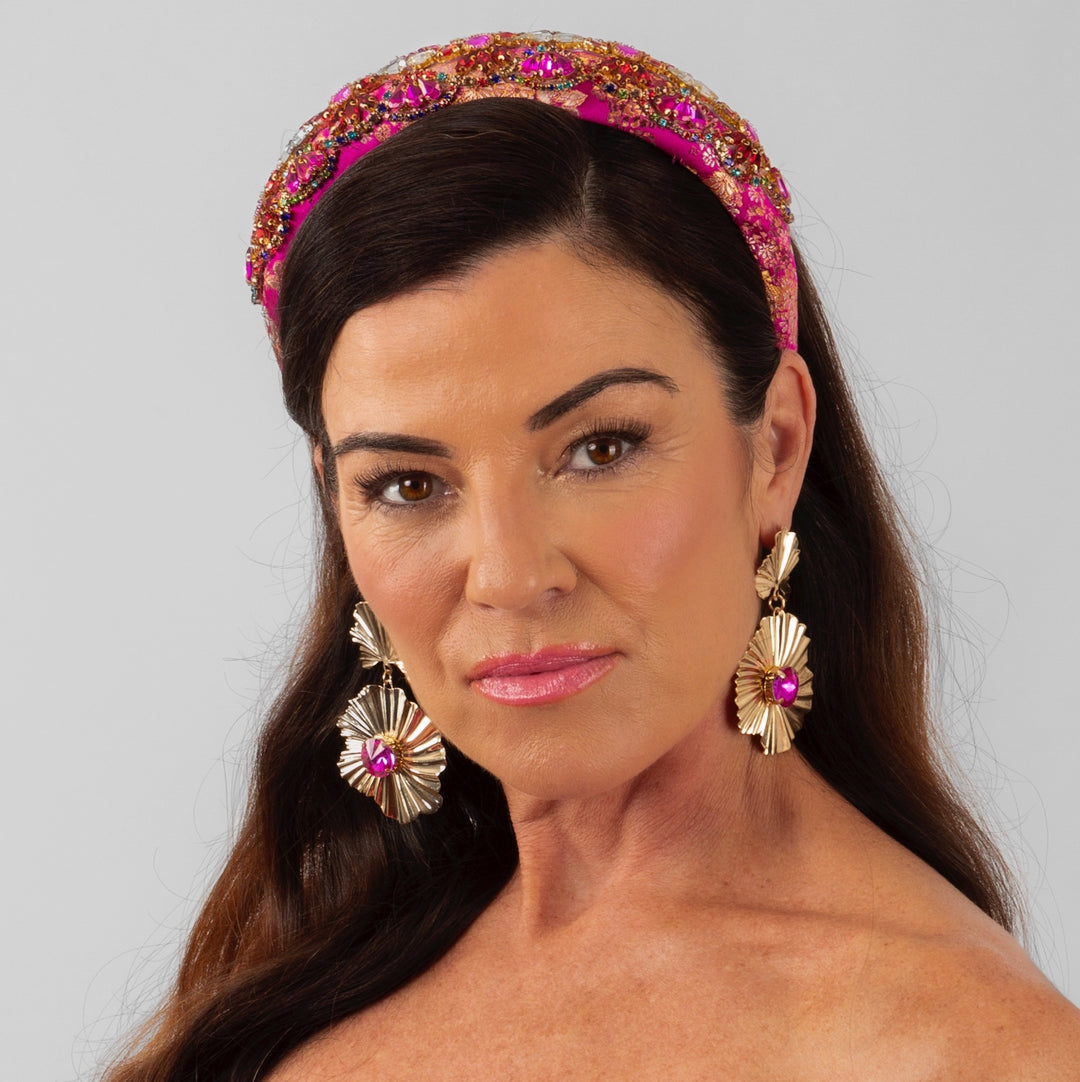 Freya Fuchsia Crystal Gold Statement Earrings