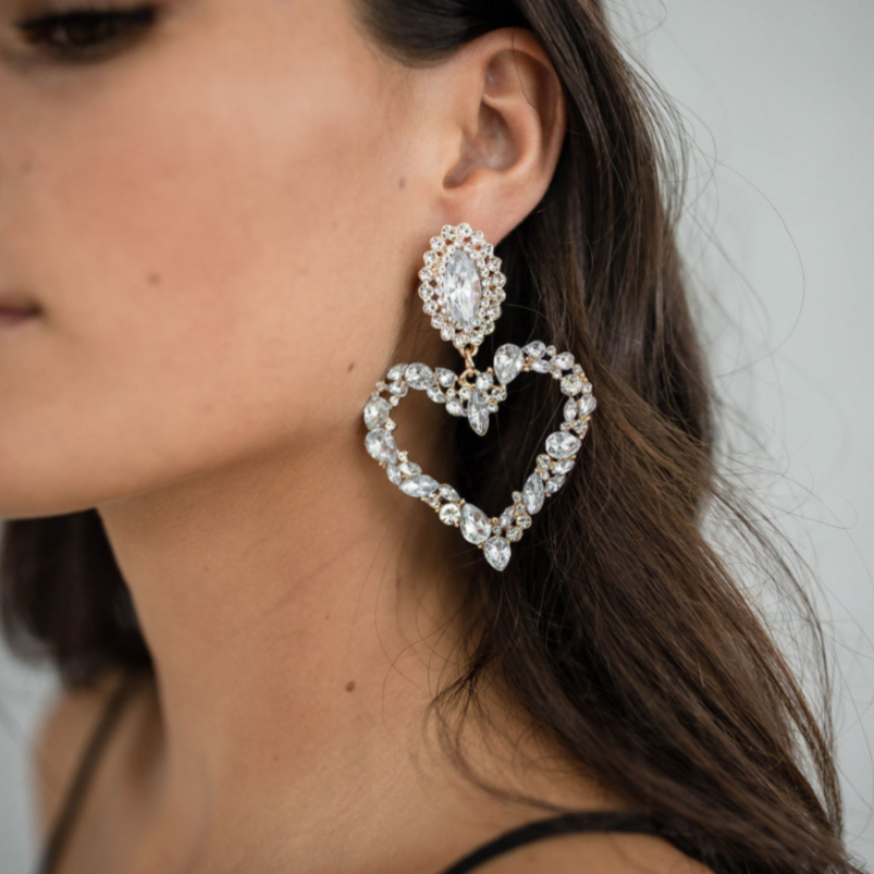 Isabella White Crystal Heart Statement Earrings